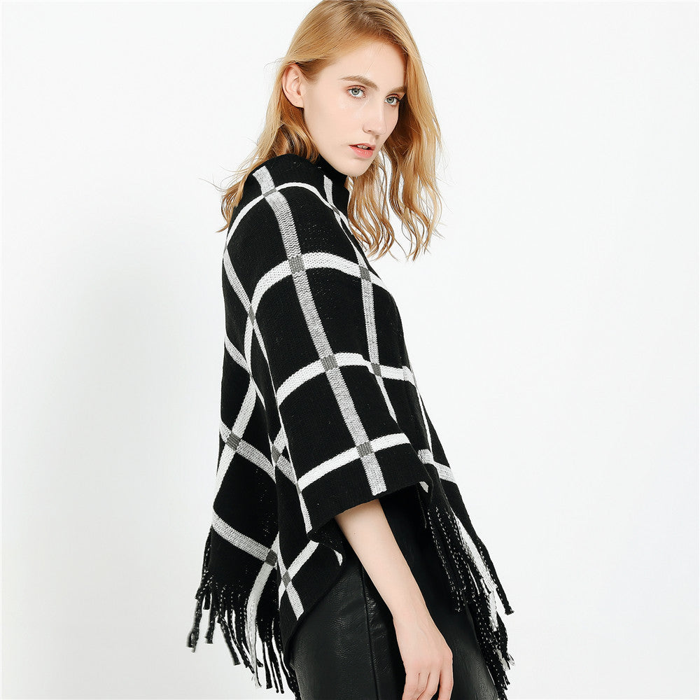 Women's Chunky Knit Poncho with Check Pattern and Fringe Hem Mune Fashion