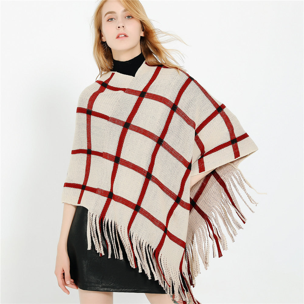 Women's Chunky Knit Poncho with Check Pattern and Fringe Hem Mune Fashion