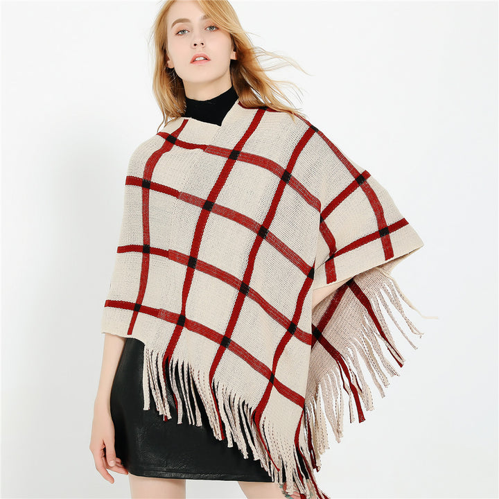 Women's Chunky Knit Poncho with Check Pattern and Fringe Hem Mune Fashion