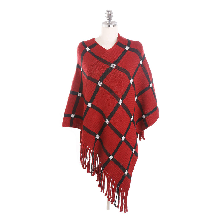 Women's Chunky Knit Poncho with Check Pattern and Fringe Hem Mune Fashion