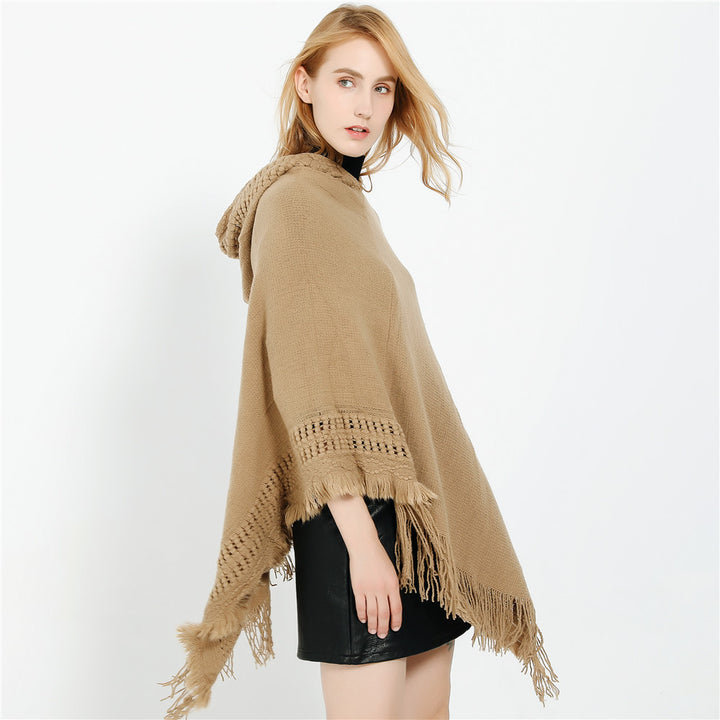 Women's Hooded Poncho with Crocheted Trim and Fringed Hem Mune Fashion