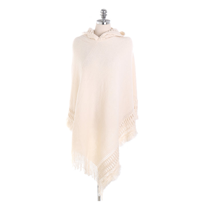 Women's Hooded Poncho with Crocheted Trim and Fringed Hem Mune Fashion