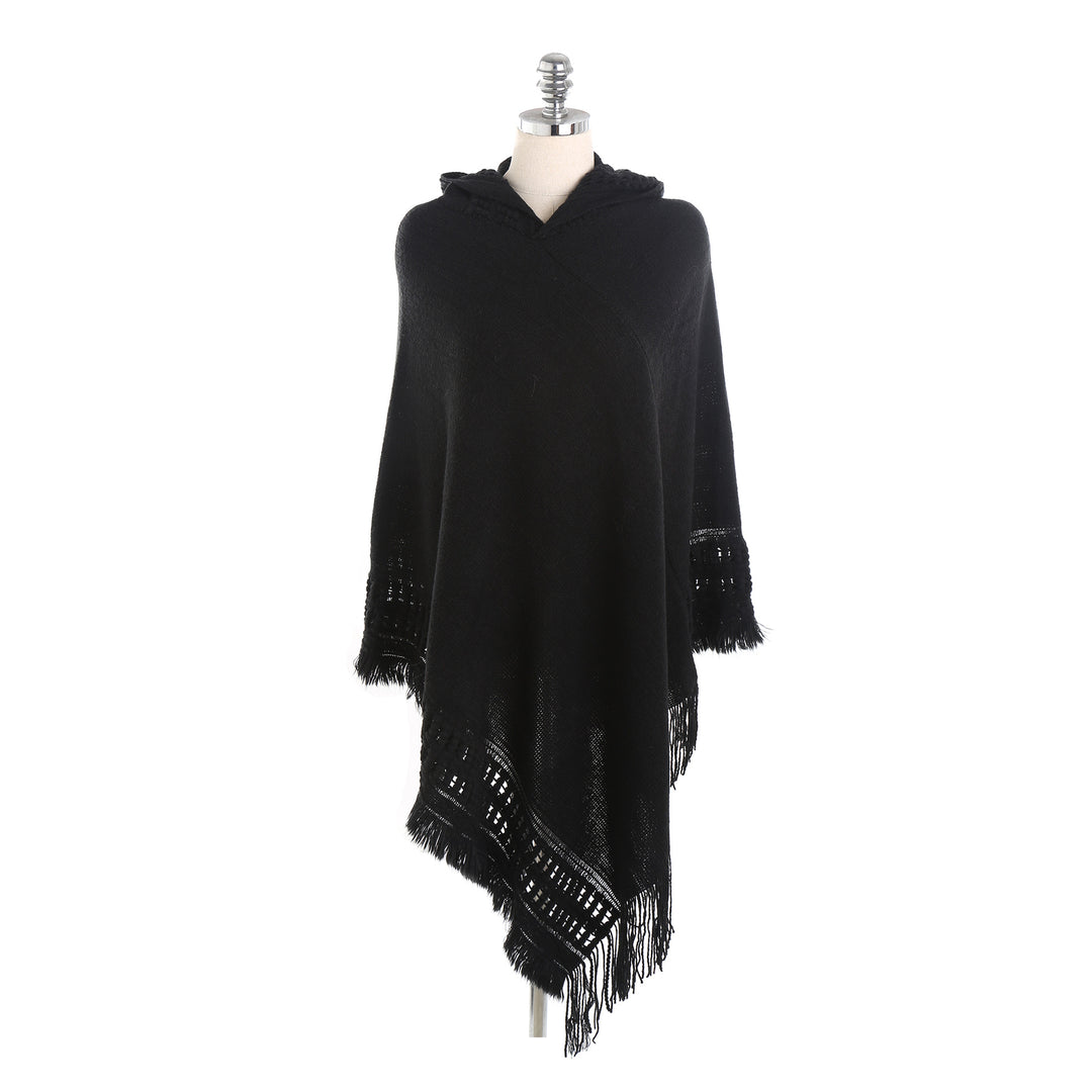 Women's Hooded Poncho with Crocheted Trim and Fringed Hem Mune Fashion