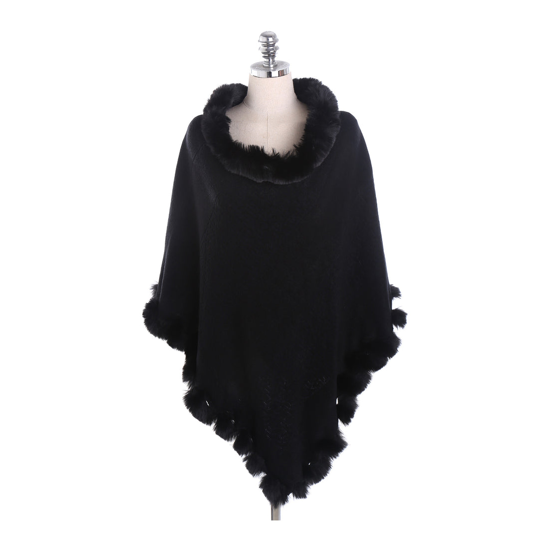 Women's cape poncho with faux fur collar and pom-pom trim Mune Fashion