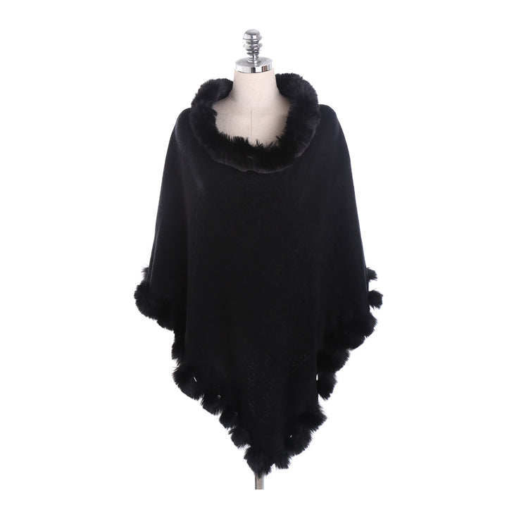 Women's cape poncho with faux fur collar and pom-pom trim Mune Fashion