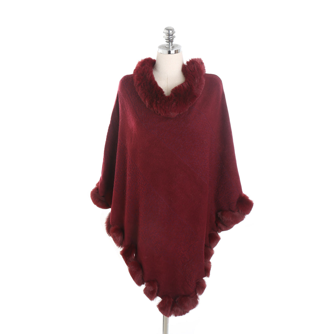 Women's cape poncho with faux fur collar and pom-pom trim Mune Fashion