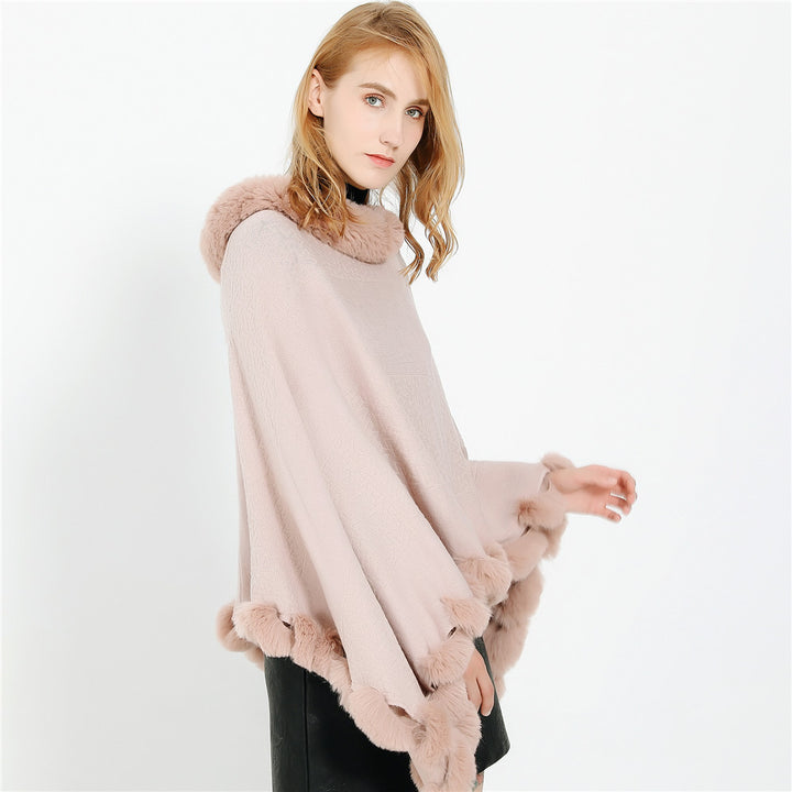 Women Elegant Cape Poncho made of Wool Blend with Faux Fur Trim and Pom Pom Details Mune Fashion