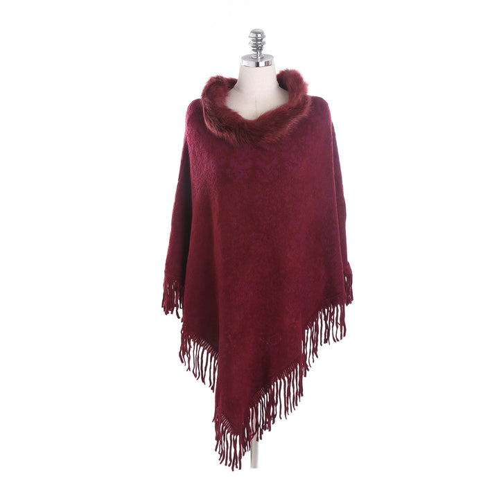 Women Poncho-Ruana with faux fur collar, structured jacquard and fringe hem Mune Fashion