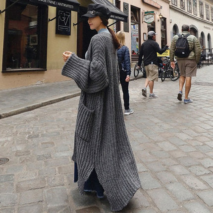 Women’s Maxi Oversize Chunky Knit Cardigan with Balloon Sleeves and Side Pockets Mune Fashion