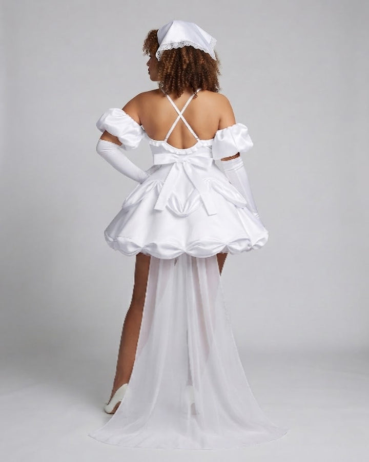 Women's Bridal Cosplay Dress with Sleeve Appliqués and Elaborate Ruffles Mune Fashion