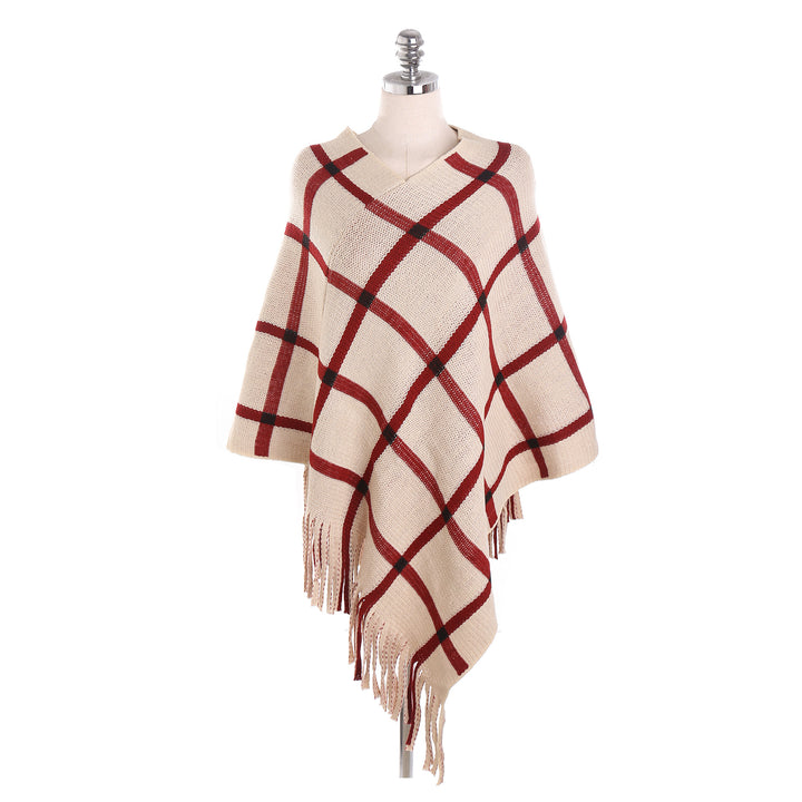 Women's Chunky Knit Poncho with Check Pattern and Fringe Hem Mune Fashion