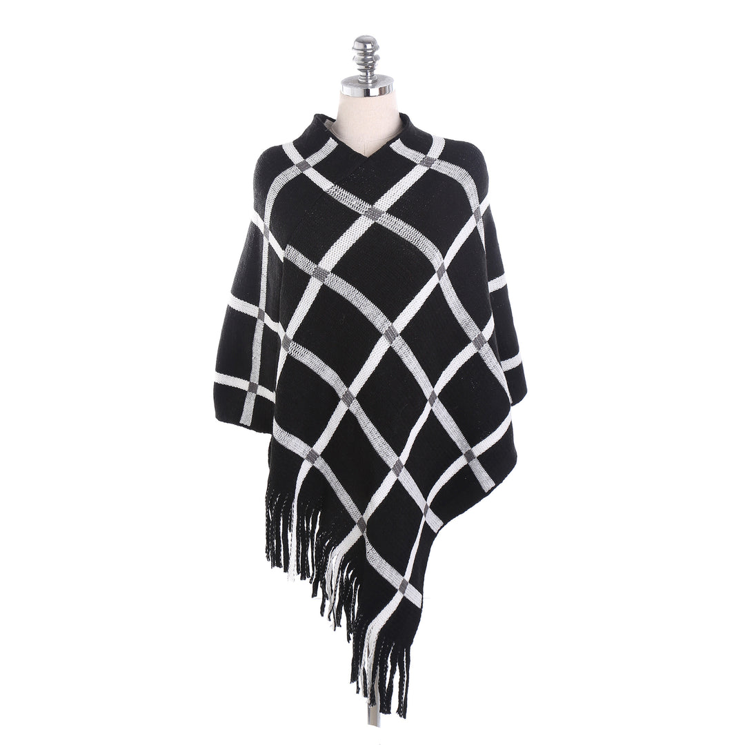 Women's Chunky Knit Poncho with Check Pattern and Fringe Hem Mune Fashion