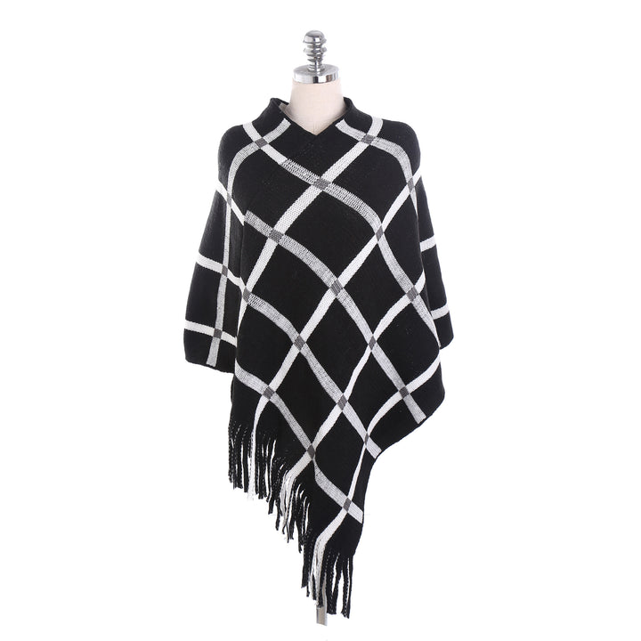 Women's Chunky Knit Poncho with Check Pattern and Fringe Hem Mune Fashion