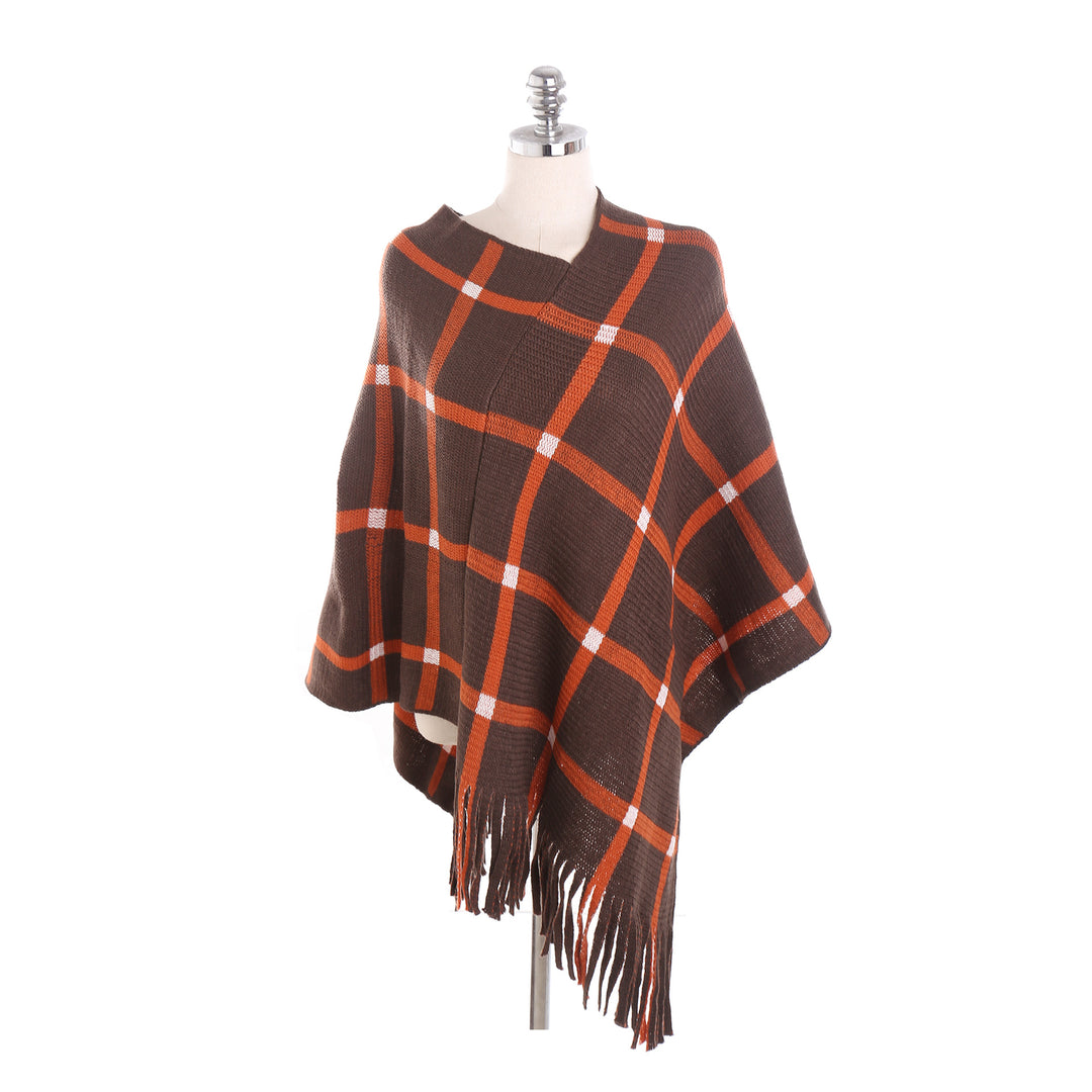 Women's Chunky Knit Poncho with Check Pattern and Fringe Hem Mune Fashion
