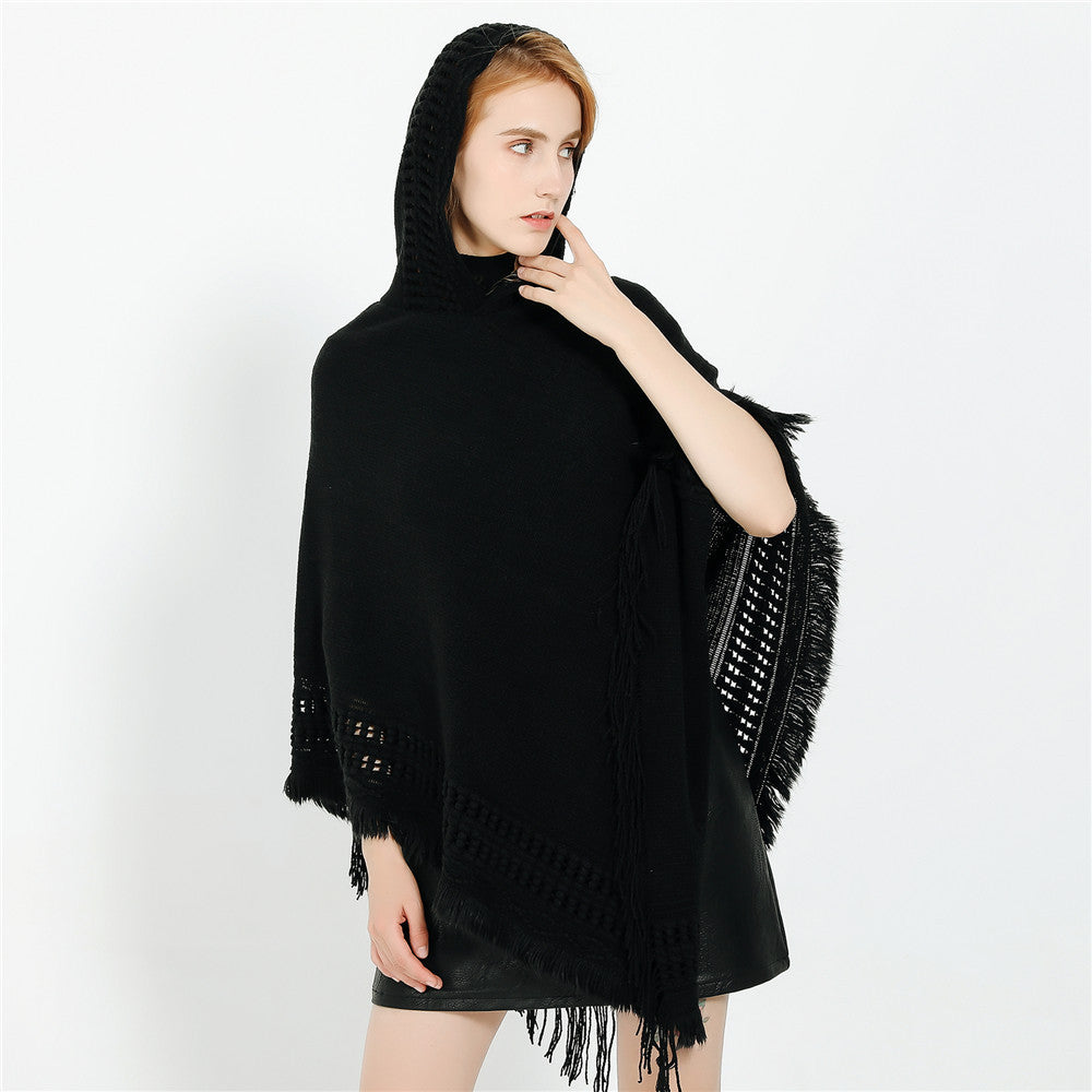 Women's Hooded Poncho with Crocheted Trim and Fringed Hem Mune Fashion