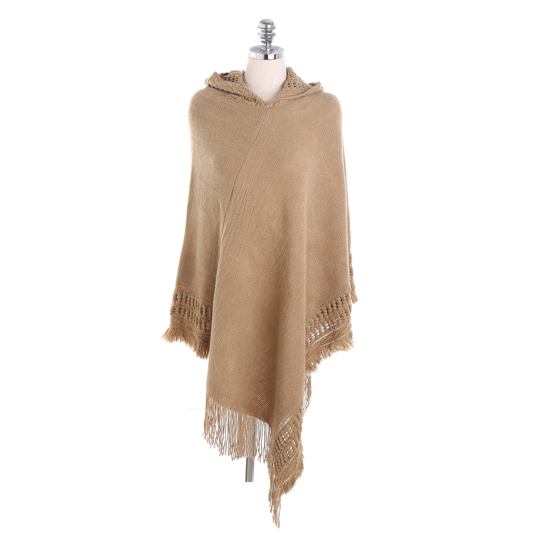 Women's Hooded Poncho with Crocheted Trim and Fringed Hem Mune Fashion