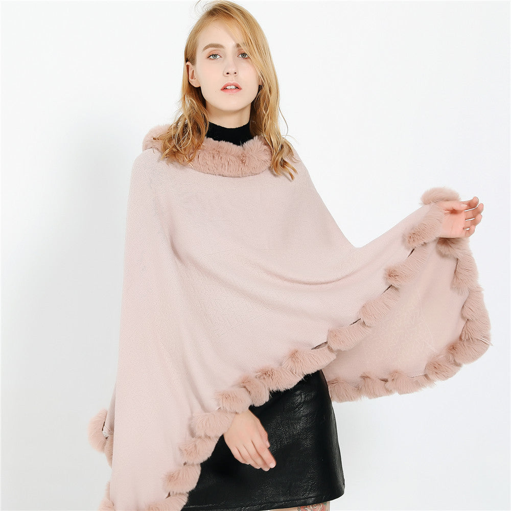 Women's cape poncho with faux fur collar and pom-pom trim Mune Fashion