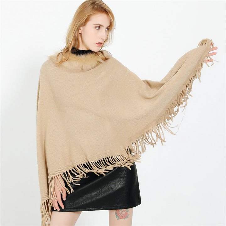 Women Poncho-Ruana with faux fur collar, structured jacquard and fringe hem Mune Fashion