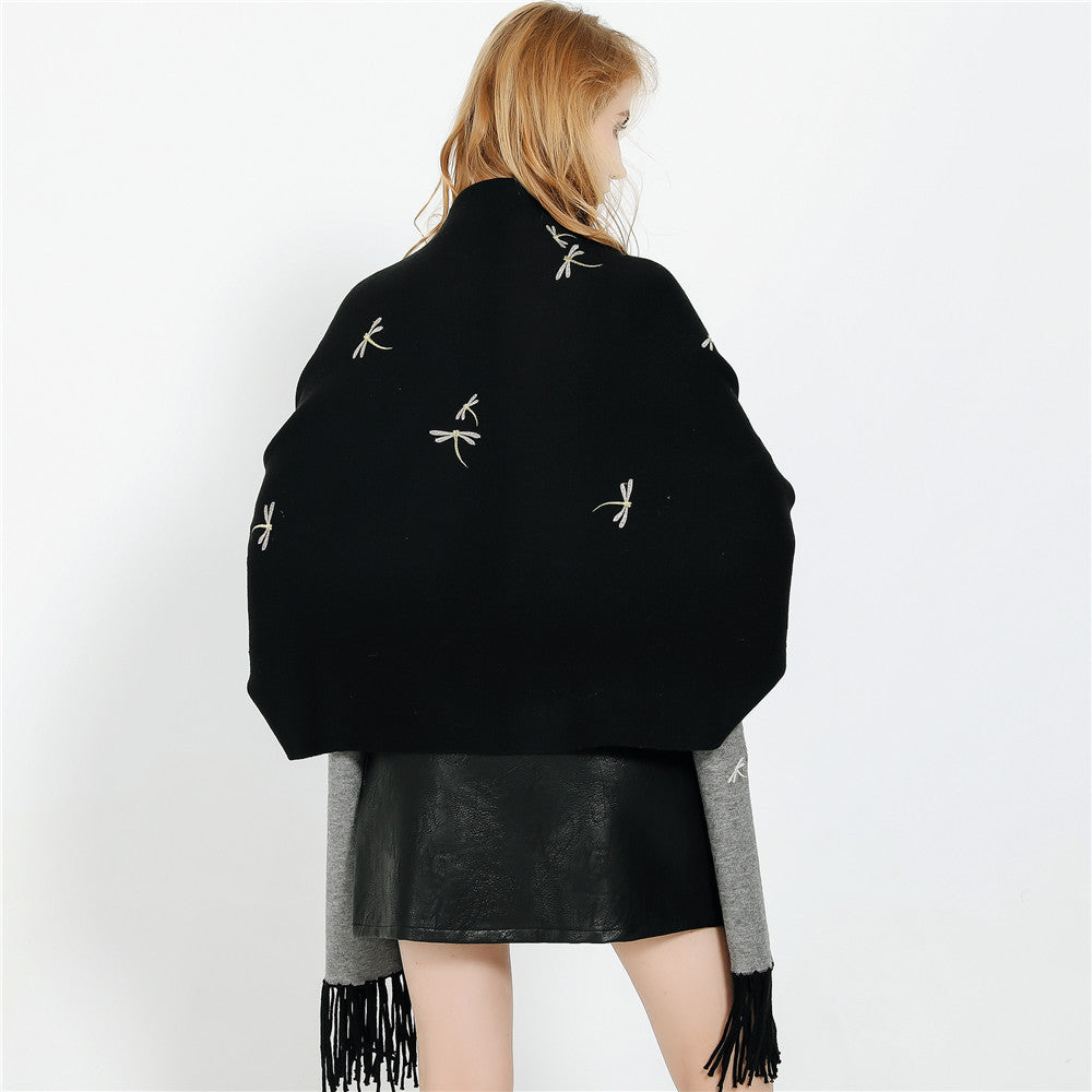 Women Embroidered Wool Blend Wrap with Dragonfly Embroidery and Fringed Hem Mune Fashion