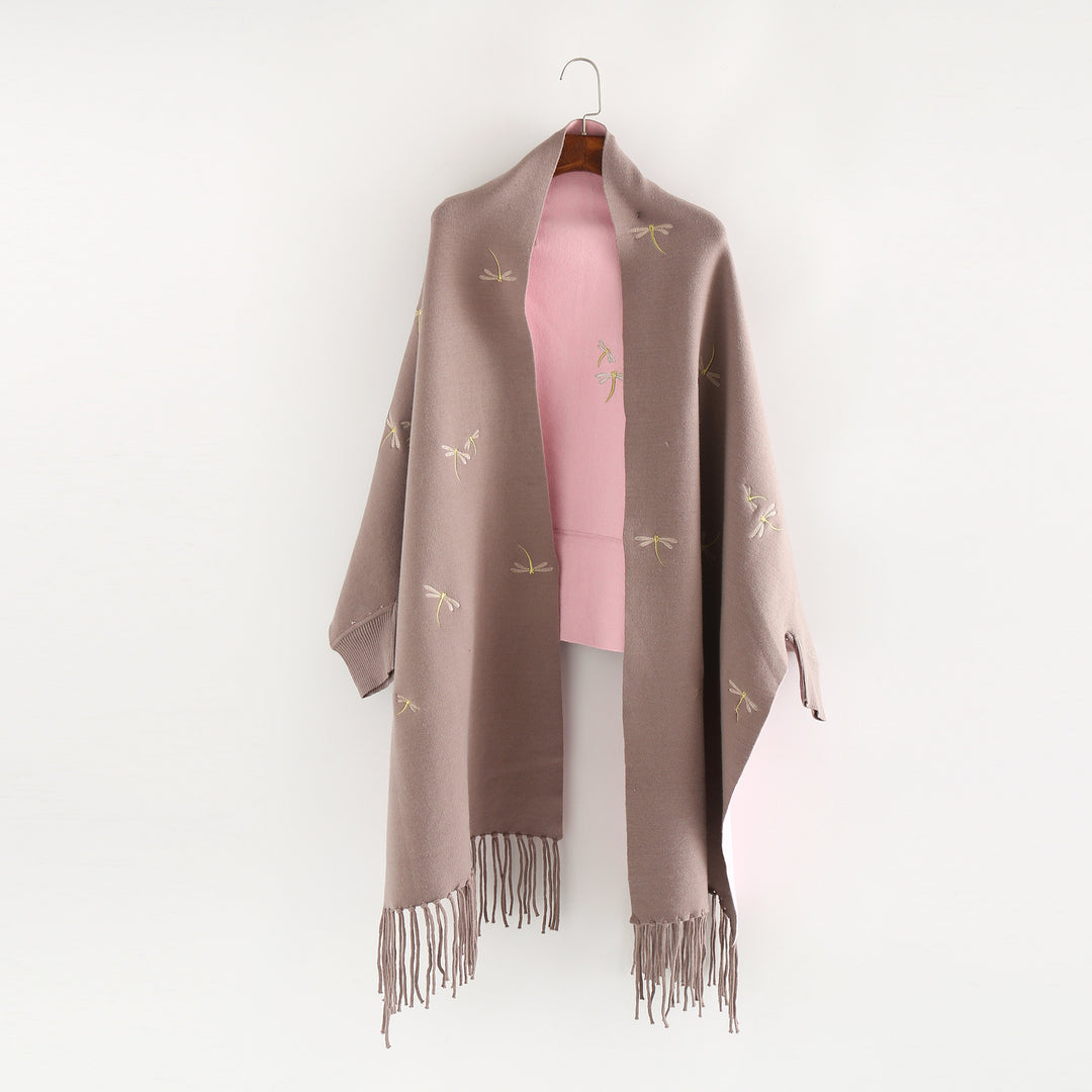 Women Embroidered Wool Blend Wrap with Dragonfly Embroidery and Fringed Hem Mune Fashion
