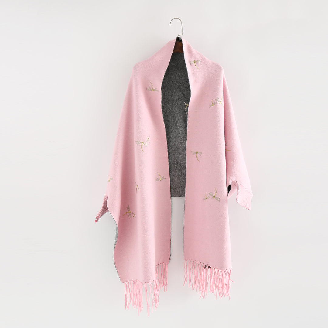 Women Embroidered Wool Blend Wrap with Dragonfly Embroidery and Fringed Hem Mune Fashion