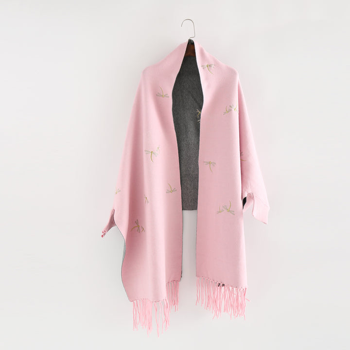 Women Embroidered Wool Blend Wrap with Dragonfly Embroidery and Fringed Hem Mune Fashion