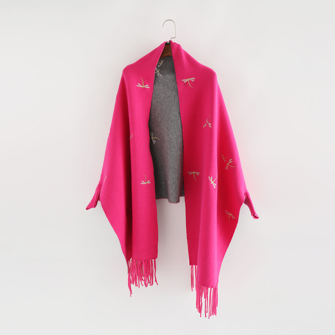 Women Embroidered Wool Blend Wrap with Dragonfly Embroidery and Fringed Hem Mune Fashion