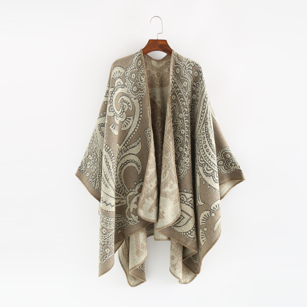 Women's Oversize Ruana in Paisley Jacquard with Open Kimono Silhouette Mune Fashion