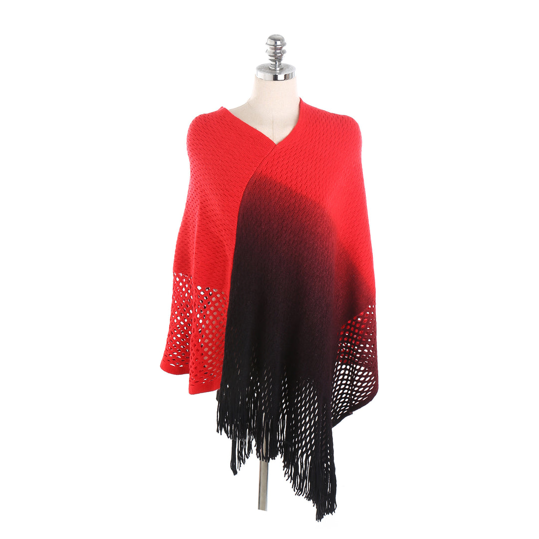 Women's Oversize Knit Ruana with Gradient Color, Lace Trim and Fringes Mune Fashion