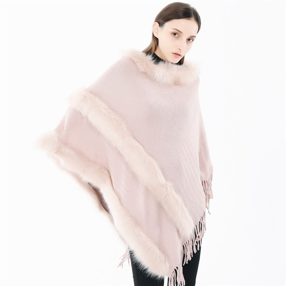 Women's Cozy Wool Blend Poncho with Faux Fur Trim and Fringes Mune Fashion