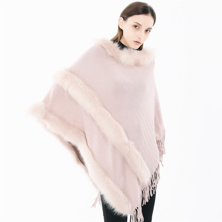 Women's Cozy Wool Blend Poncho with Faux Fur Trim and Fringes Mune Fashion