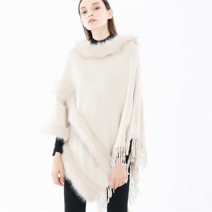Women's Cozy Wool Blend Poncho with Faux Fur Trim and Fringes Mune Fashion