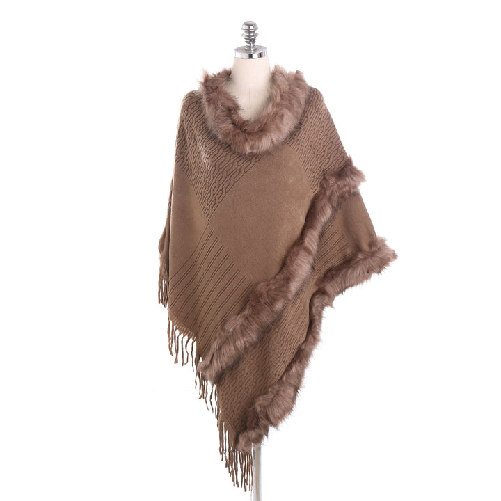 Women's Cozy Wool Blend Poncho with Faux Fur Trim and Fringes Mune Fashion