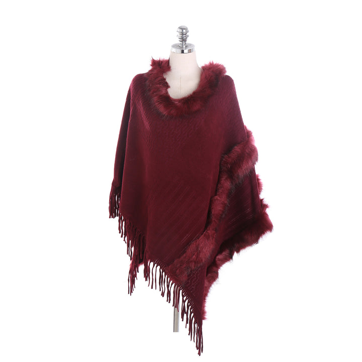 Women's Cozy Wool Blend Poncho with Faux Fur Trim and Fringes Mune Fashion