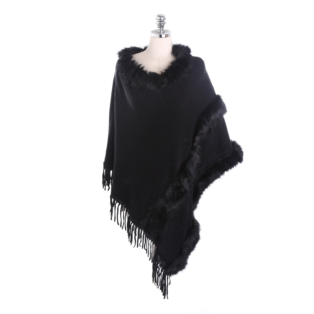 Women's Cozy Wool Blend Poncho with Faux Fur Trim and Fringes Mune Fashion