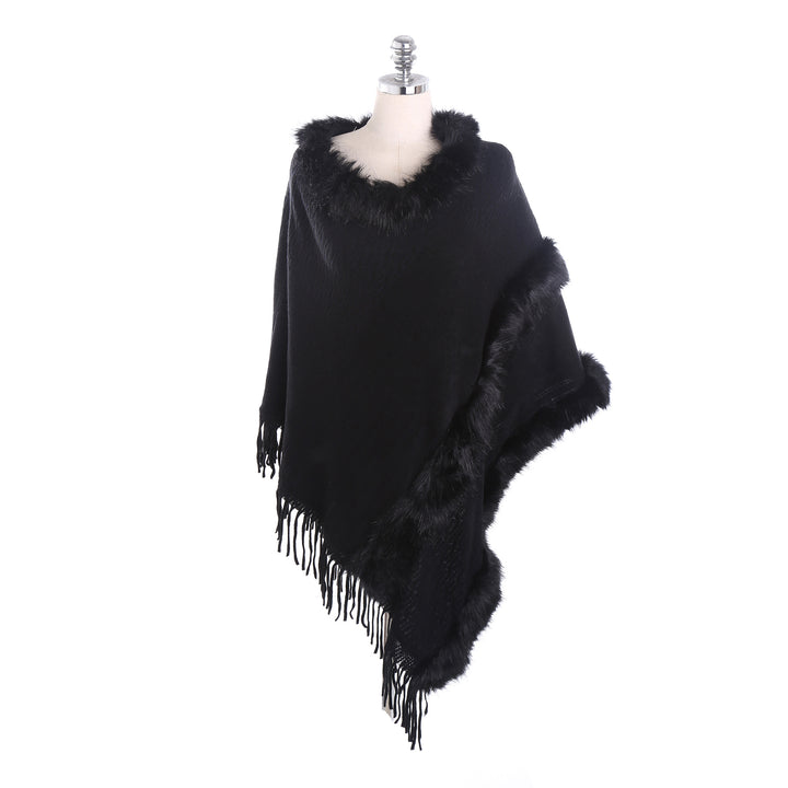 Women's Cozy Wool Blend Poncho with Faux Fur Trim and Fringes Mune Fashion