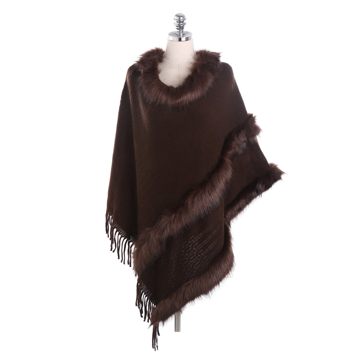 Women's Cozy Wool Blend Poncho with Faux Fur Trim and Fringes Mune Fashion