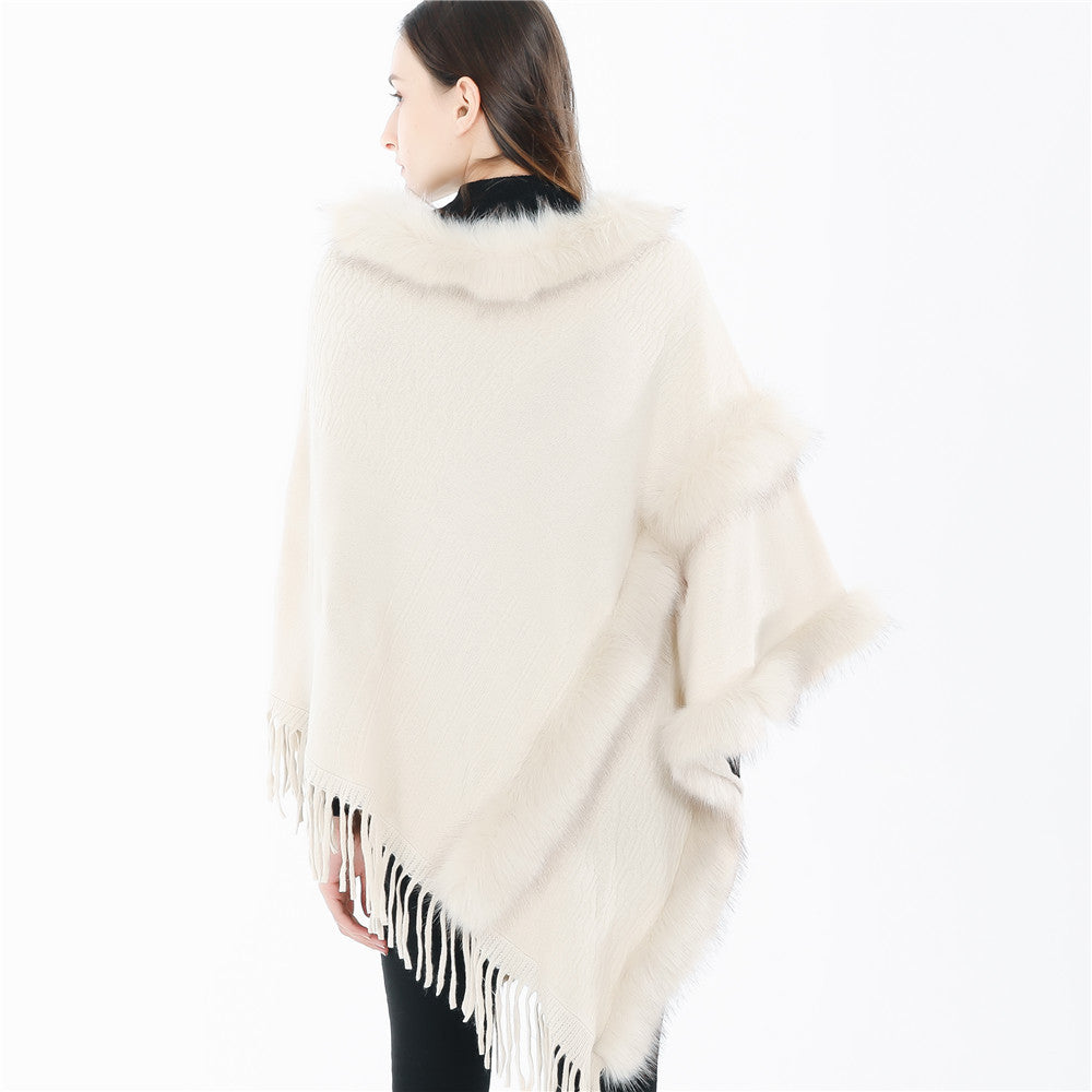 Women's Cozy Wool Blend Poncho with Faux Fur Trim and Fringes Mune Fashion