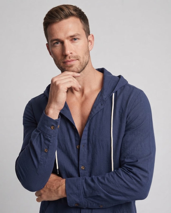 Men's Lightweight Hooded Shirt-Jacket in Linen Look with Button Placket and Kangaroo Pocket Mune Fashion