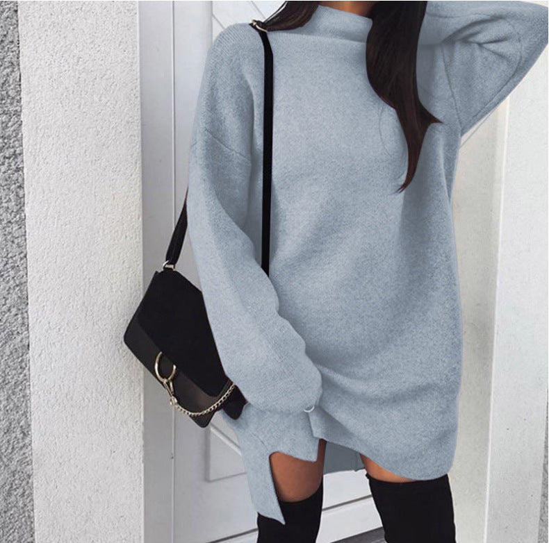 Women's oversized knitted dress with stand-up collar, dropped shoulders, and side thigh slit Mune Fashion