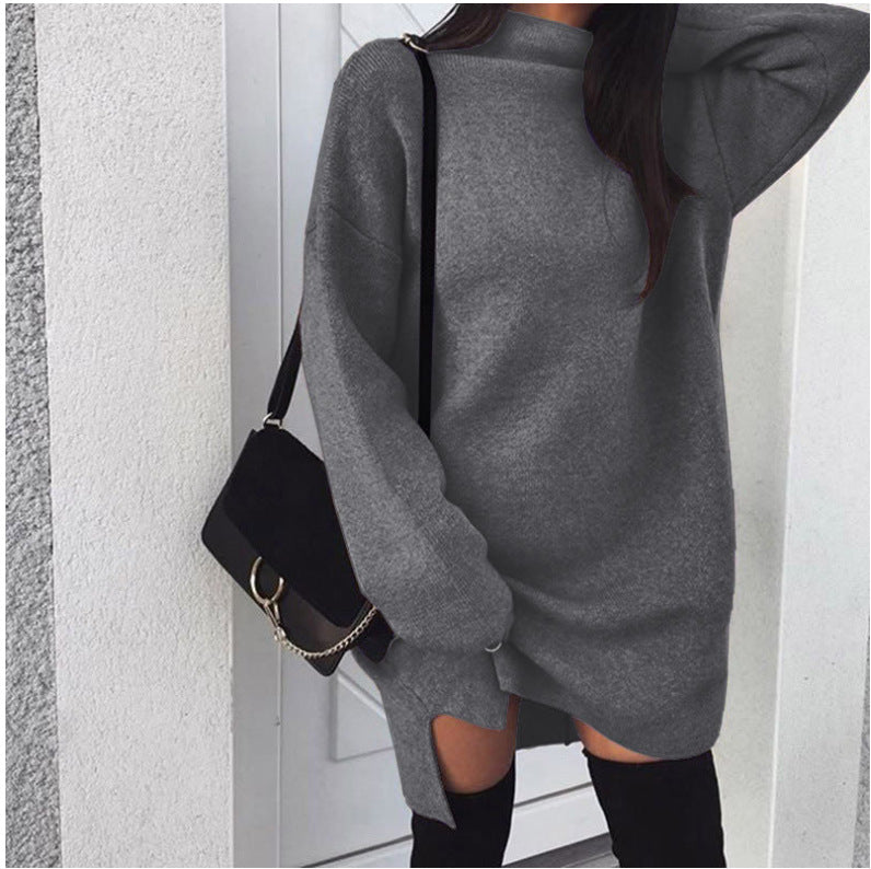 Women's oversized knitted dress with stand-up collar, dropped shoulders, and side thigh slit Mune Fashion