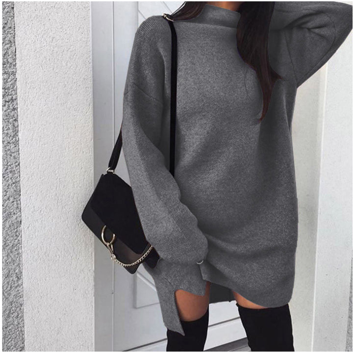 Women's oversized knitted dress with stand-up collar, dropped shoulders, and side thigh slit Mune Fashion