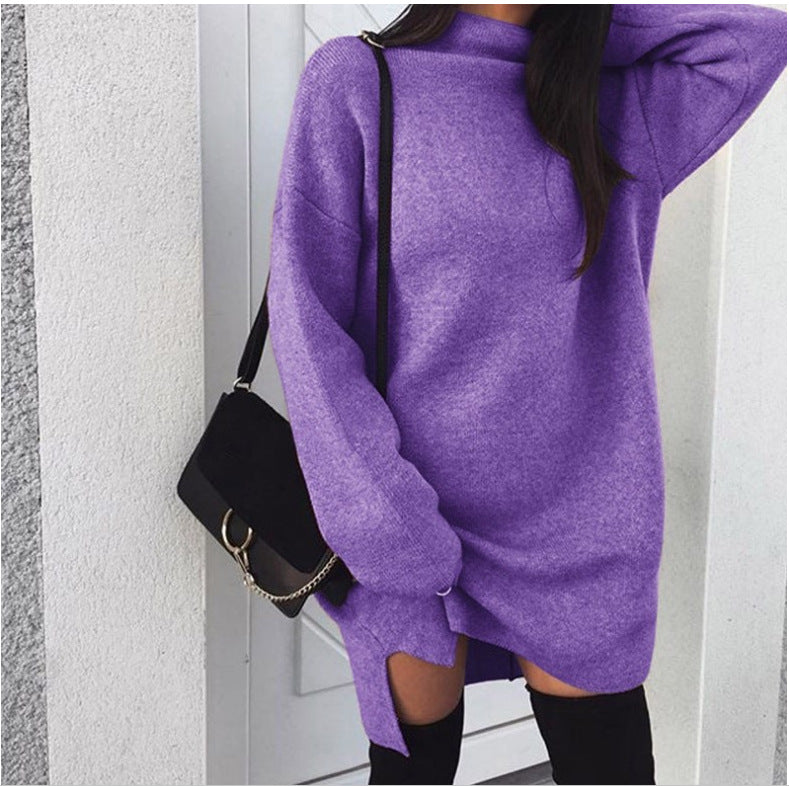 Women's oversized knitted dress with stand-up collar, dropped shoulders, and side thigh slit Mune Fashion