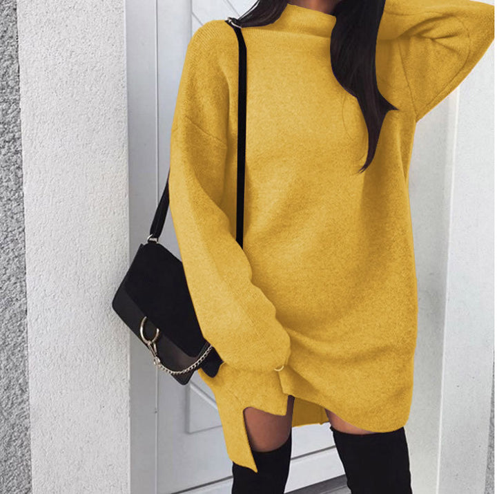 Women's oversized knitted dress with stand-up collar, dropped shoulders, and side thigh slit Mune Fashion