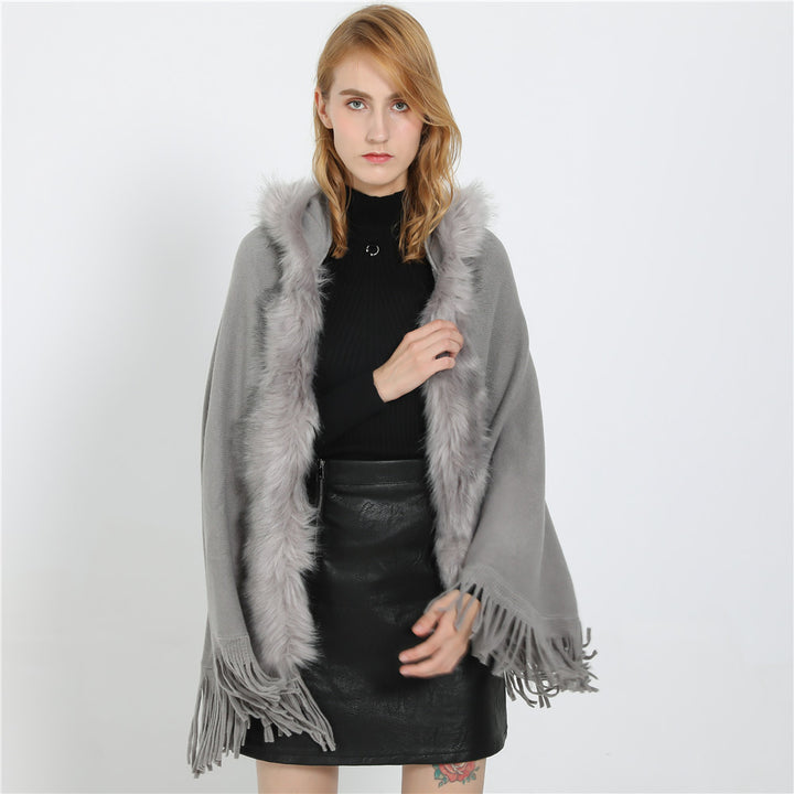 Women's Elegant Wool Blend Cape Poncho with Removable Faux Fur Trim and Fringed Hem Mune Fashion