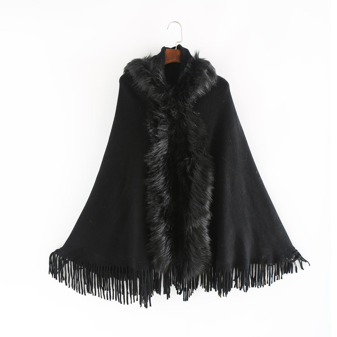 Women's Elegant Wool Blend Cape Poncho with Removable Faux Fur Trim and Fringed Hem Mune Fashion