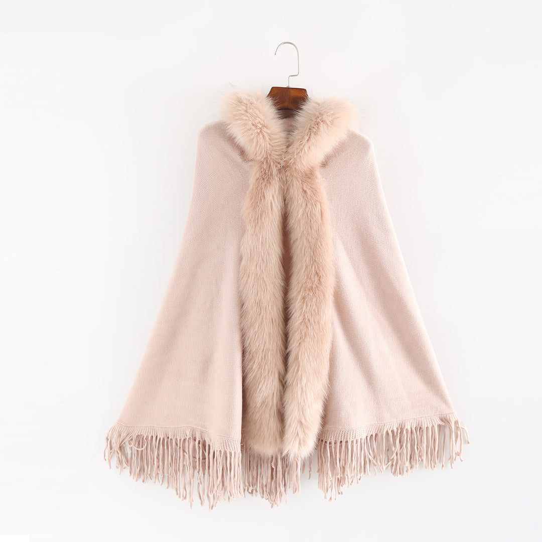 Women's Elegant Wool Blend Cape Poncho with Removable Faux Fur Trim and Fringed Hem Mune Fashion