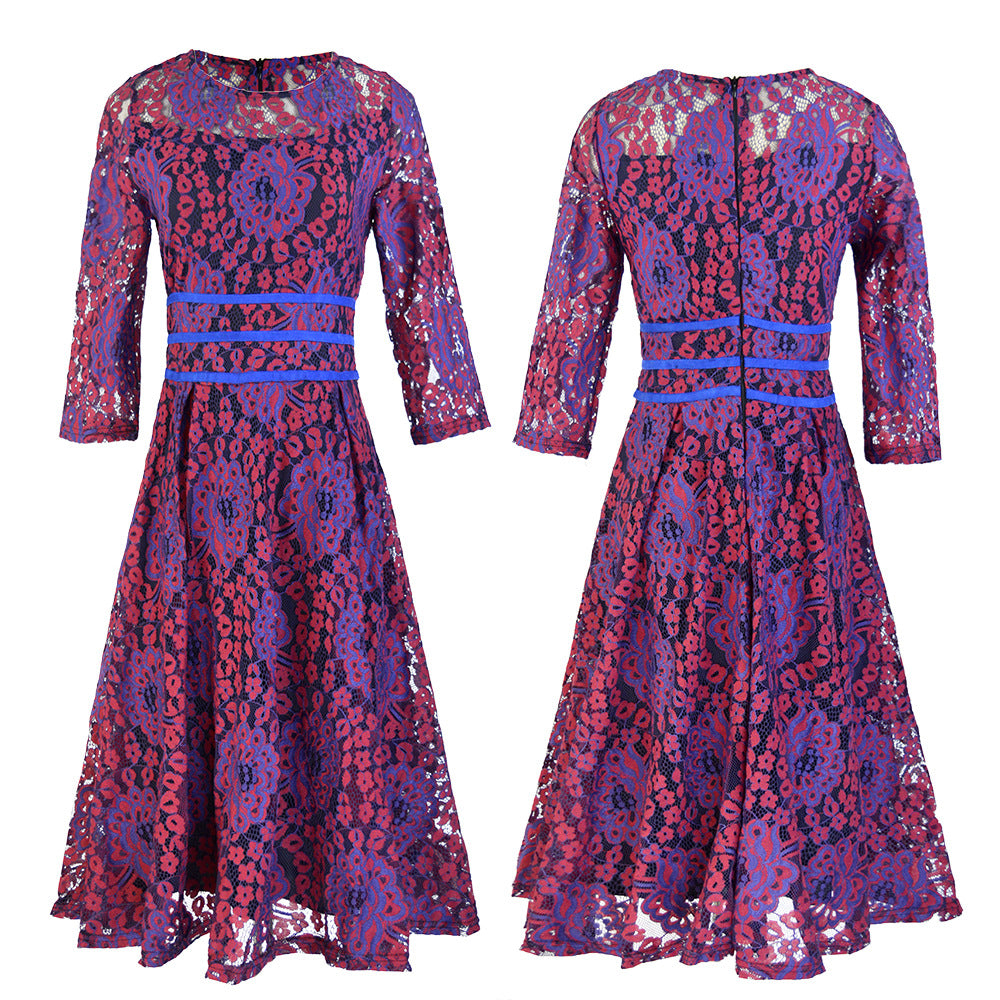 Women's Lace A-Line Knee-Length Dress with Sheer Top and Three-Quarter Sleeves Mune Fashion