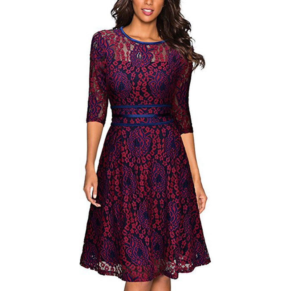 Women's Lace A-Line Knee-Length Dress with Sheer Top and Three-Quarter Sleeves Mune Fashion