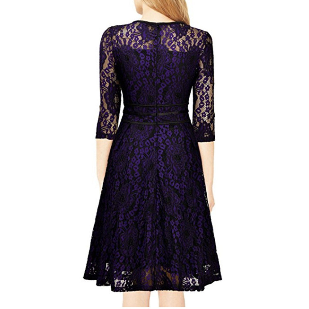 Women's Lace A-Line Knee-Length Dress with Sheer Top and Three-Quarter Sleeves Mune Fashion